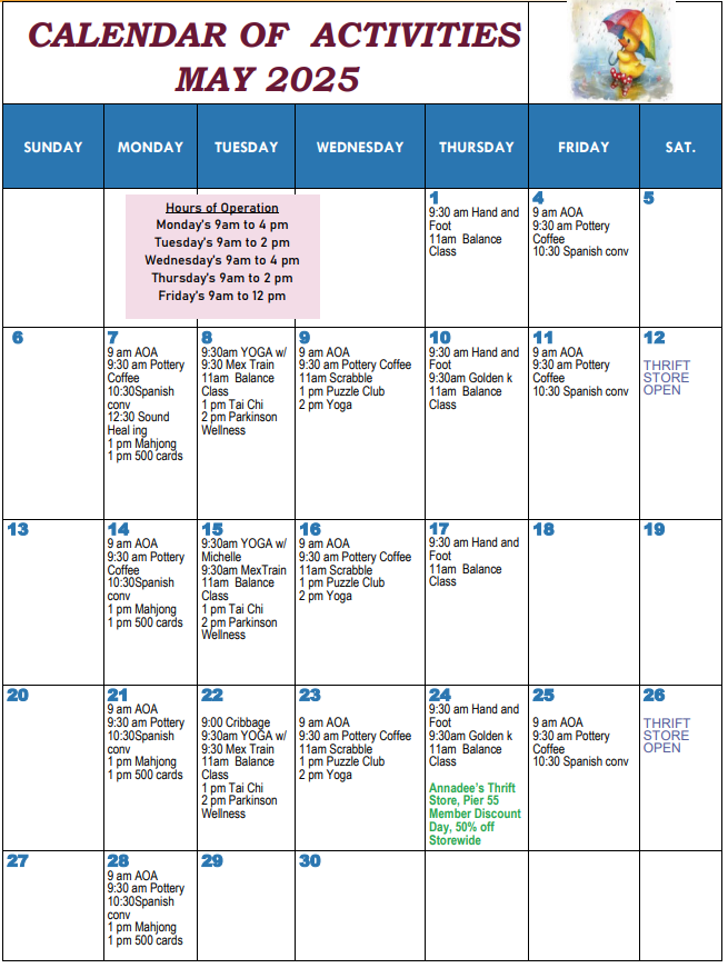 Pier 55 monthly calendar